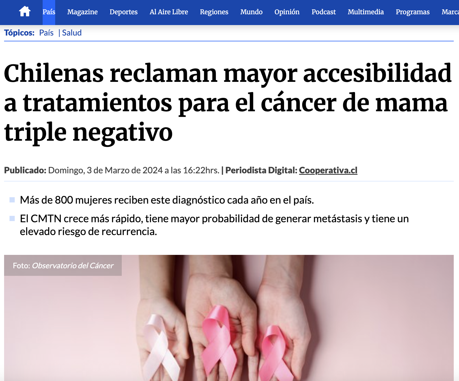 Chilenas reclaman mayor accesibilidad a tratamientos para el Cáncer de Mama Triple Negativo
